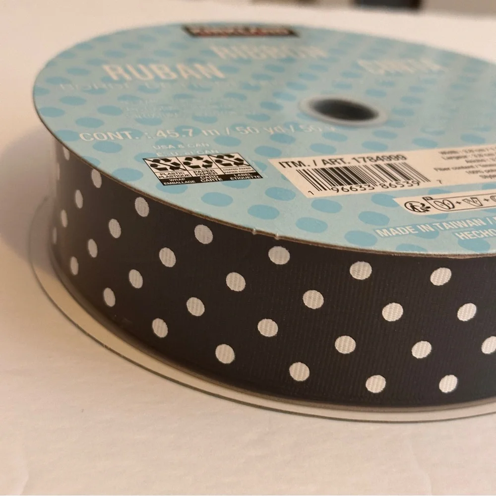 New Kirkland Signature Wire-Edged Ribbon Black with White Polka Dot 50Yard